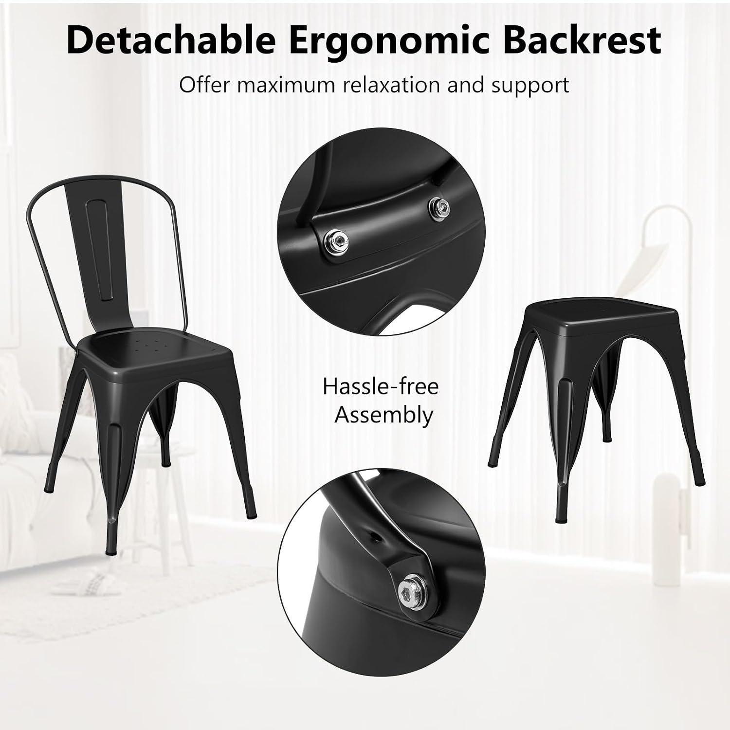 COSTWAY 18 Inch Dining Chair Set of 4, Industrial Vintage Stackable Metal Chairs, Armless Counter Bar Chairs with High Backrest for Home, Kitchen and Cafe Bar Use