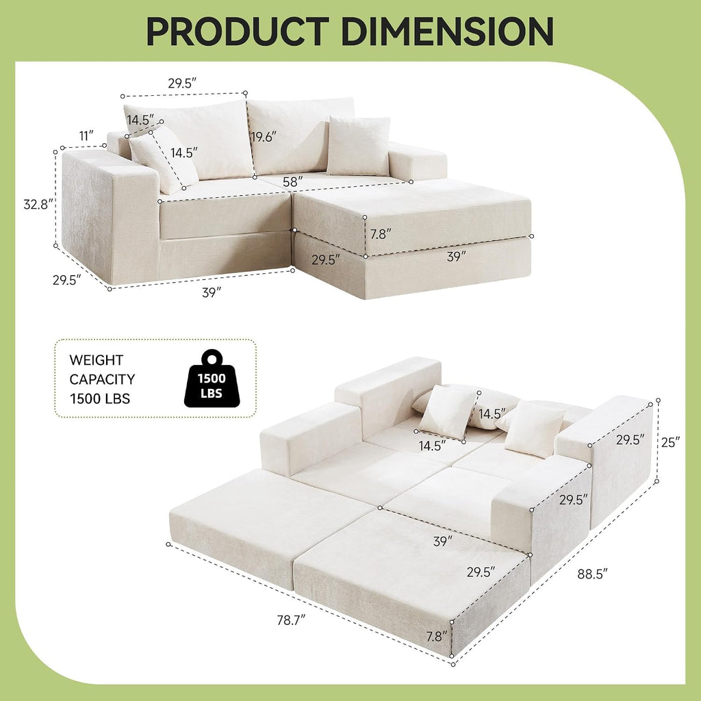 79" Boneless Cloud Loveseat Sofa Couch, Modular Foldable Floor Sofa with Ottoman, Chenille Lounge Convertible Sofa Bed for Living Room, No Assembly, Beige