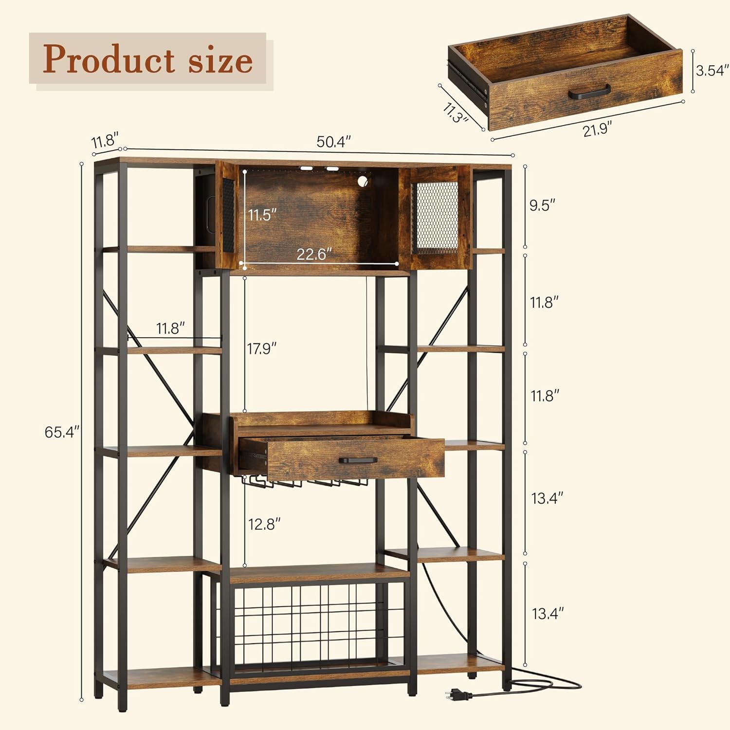 kepptory 65.35" Industrial Bakers Rack with Power Outlet & LED Light, Large Coffee Bar Cabinet with Drawer & Storage Cabinet, 5-Tier Microwave Stand with Glass Holder & Wine Rack, Rustic Brown