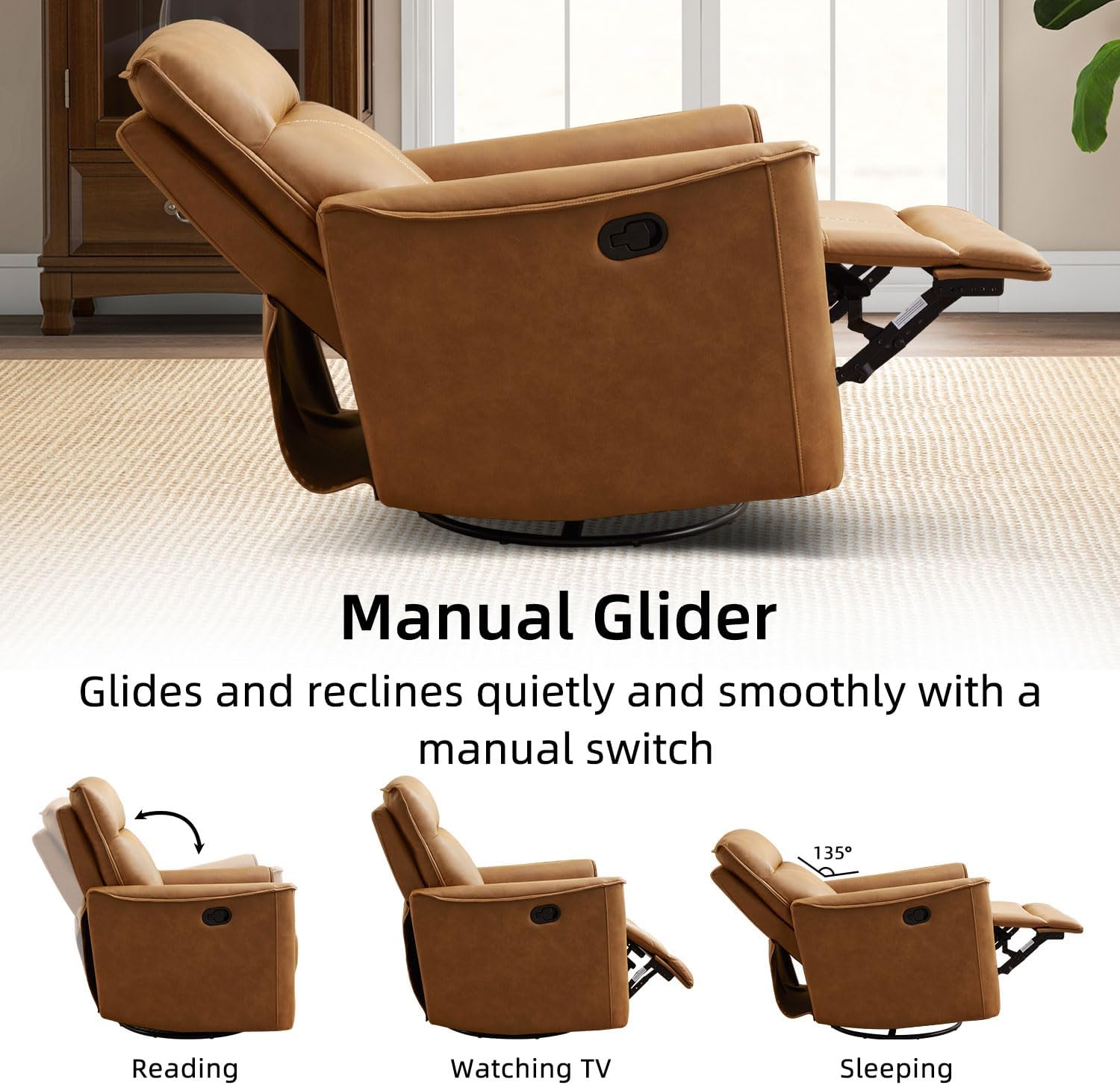 CANMOV Swivel Rocker Recliner, Glider Rocking Chair, Nursing Chairs Swivel Glider Recliners with Soft Backrest, Leathaire Manual Reclining Sofa for Living Room Bedroom Apartment, Brown