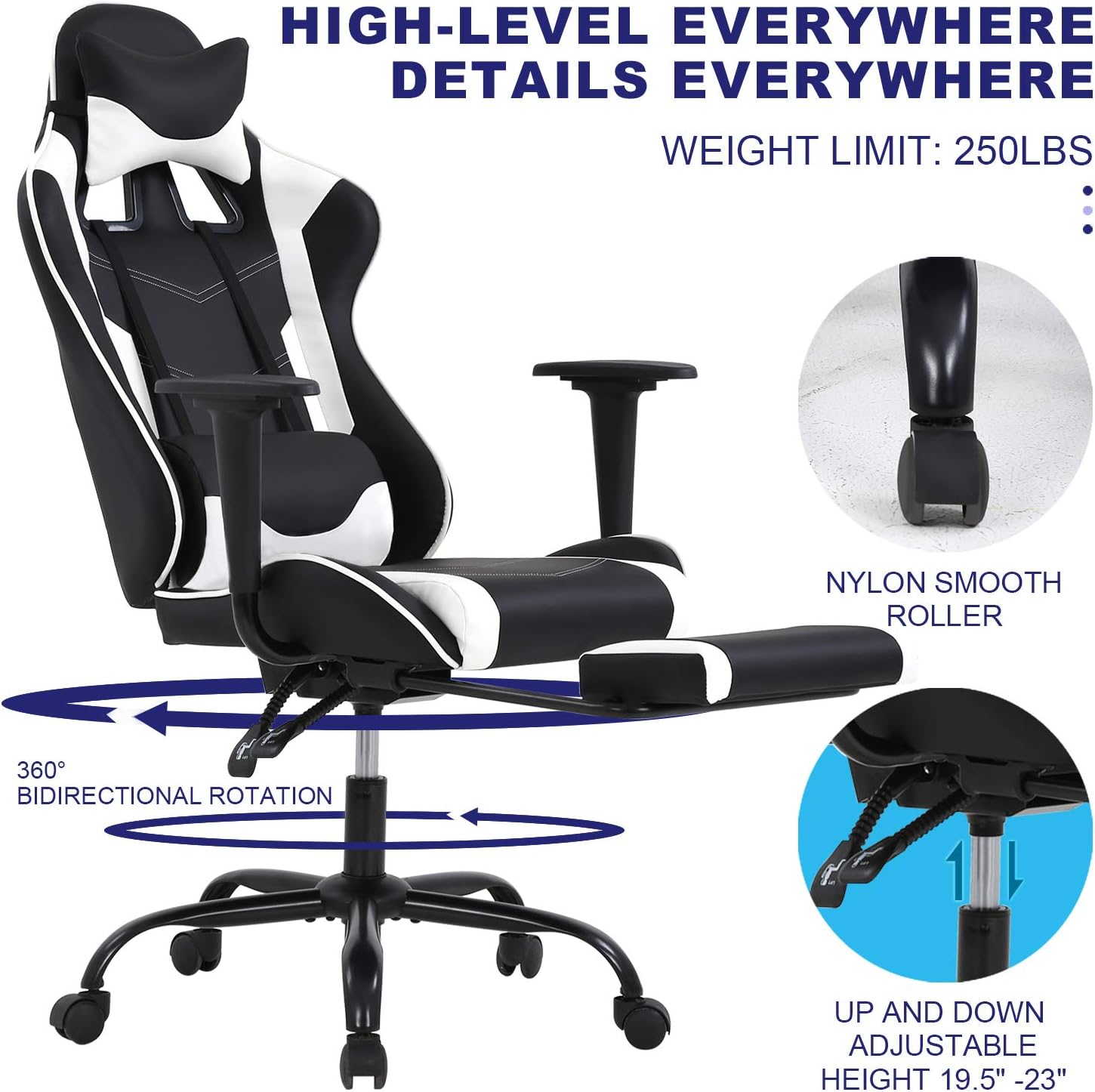 HCY High Back Gaming Chair Ergonomic Racing Style Gaming Chair with Footrest, Headrest and Lumbar Support Height Adjustable PU Leather Office Chair for Adults, White