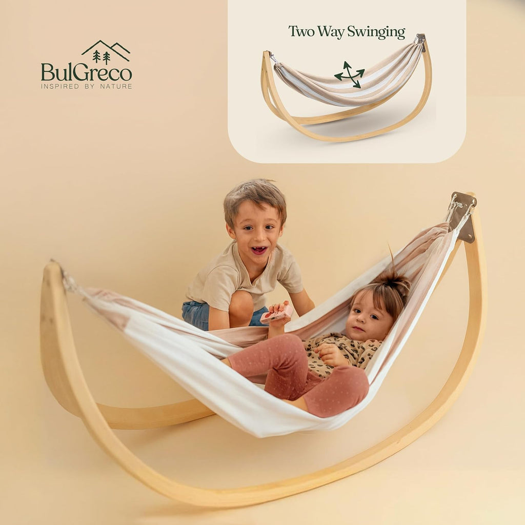 GiggleNest by BulGreco - Kids Foldable Hammock Swing for Toddler Fun, Nap, Play, Sleep. Wooden with Unique 2 Way Swinging Motion, Children 1.5+ to 6 years, up to 45" and 70lb. Rocker 100% Cotton Cloth