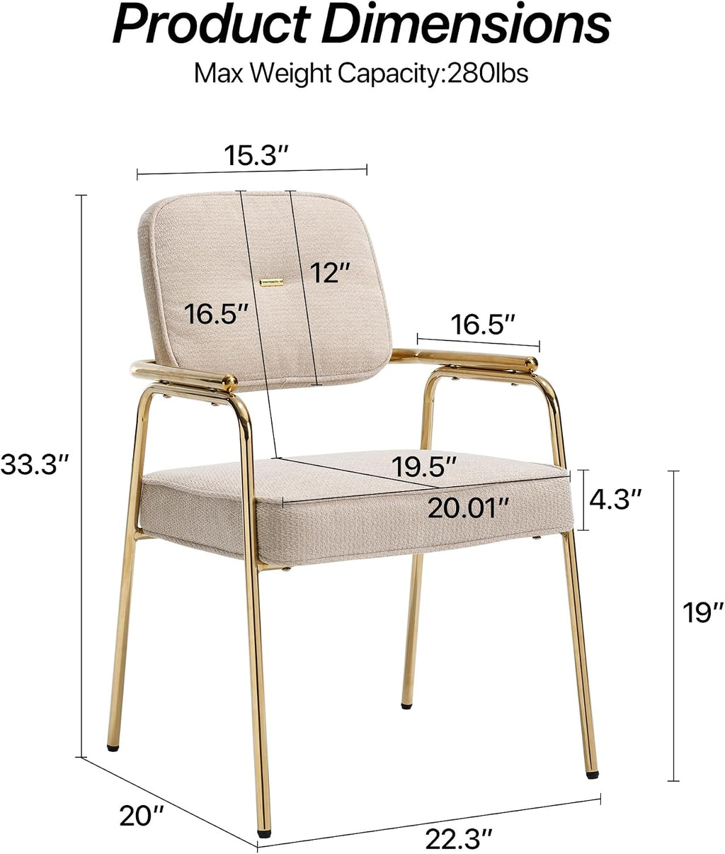 HENGJIANYI Accent Chair Dining Chair Set of 2, Chenille Upholstered Armchair Reading Side Chair, Comfy Living Room Chair with Gold Metal Legs for Bedroom Waiting Room, Beige