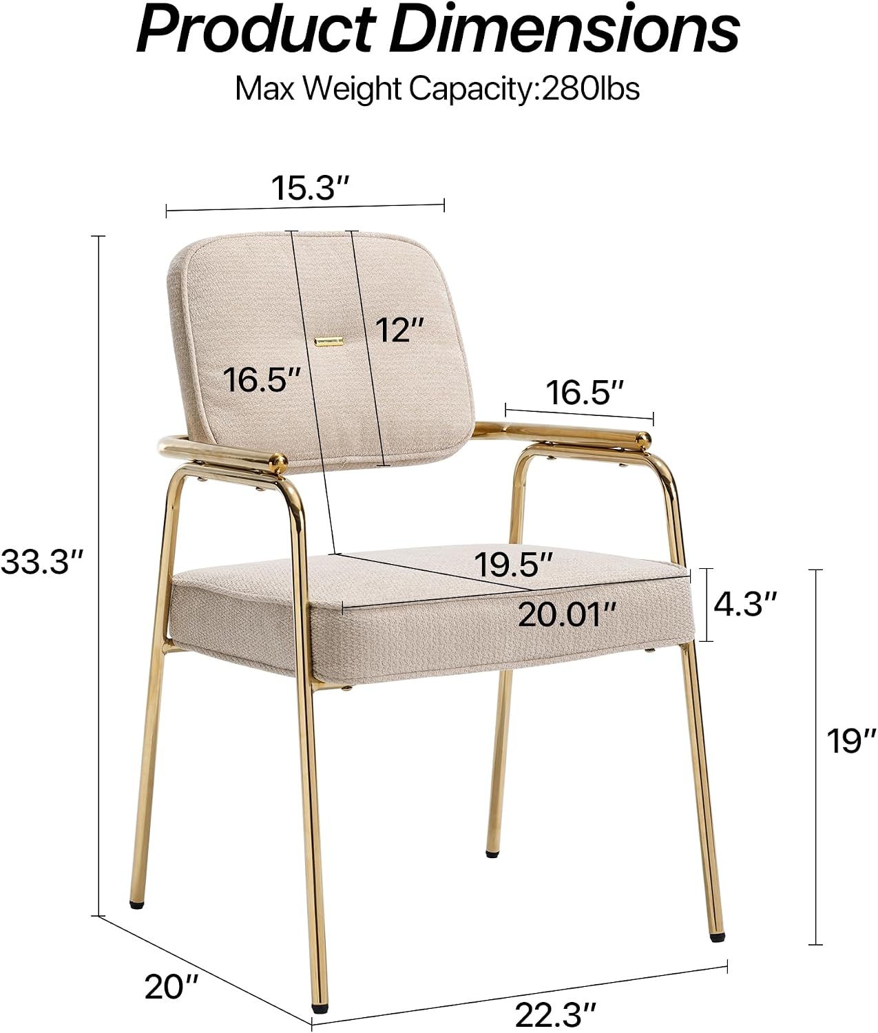 HENGJIANYI Accent Chair Dining Chair Set of 2, Chenille Upholstered Armchair Reading Side Chair, Comfy Living Room Chair with Gold Metal Legs for Bedroom Waiting Room, Beige