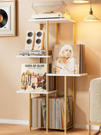Record Player Stand, Vinyl Record Storage Holder with Display Shelf, Turntable Stand Table with Vinyl Organizer Dividers Album Rack, Vintage Style Record Cabinet Wood, Mid Century Modern Tall Console