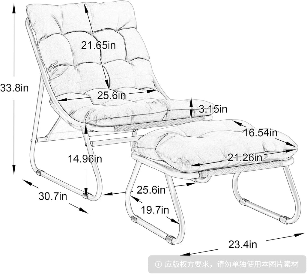 Patio Outdoor Lounge Chair with Ottoman, Armless Lounge Chair with Black Metal Frame & Cushion, Corduroy Upholstered Tufted Accent Chair with Matching Ottoman for Living Room, Grey