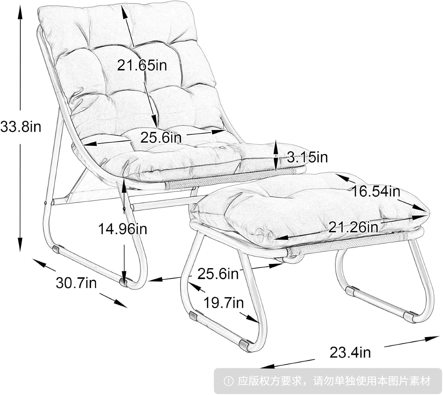 Patio Outdoor Lounge Chair with Ottoman, Armless Lounge Chair with Black Metal Frame & Cushion, Corduroy Upholstered Tufted Accent Chair with Matching Ottoman for Living Room, Grey