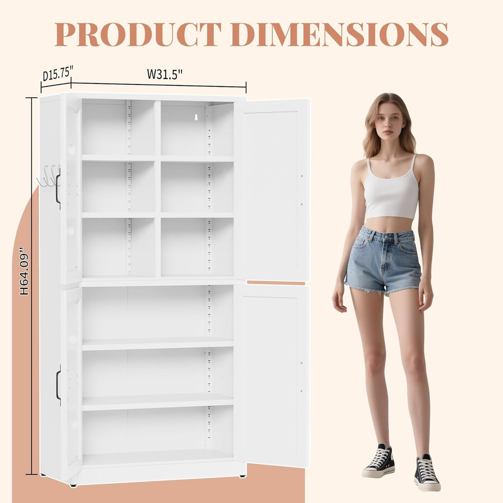 Steel Kitchen Pantry Cabinet with Barn Doors and Adjustable Shelves, Metal Farmhouse Storage Cabinets for Living Room, Bathroom, Kitchen Storage