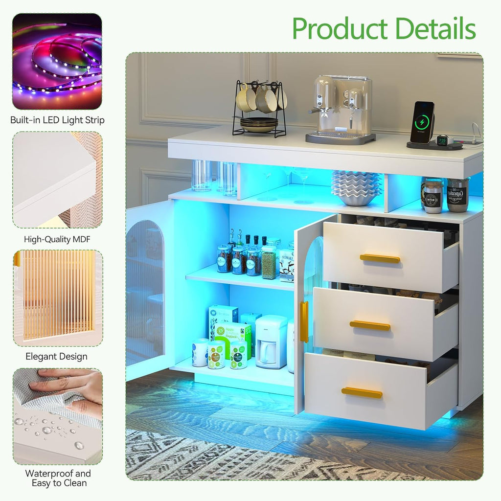 WOOVIVS LED Sideboard Buffet Cabinet with Charging Station, Wine Cabinets with Auto RGB Lighted, Modern Coffee Bar with 3 Drawers for Living Room, Dining Room, Kitchen (White)