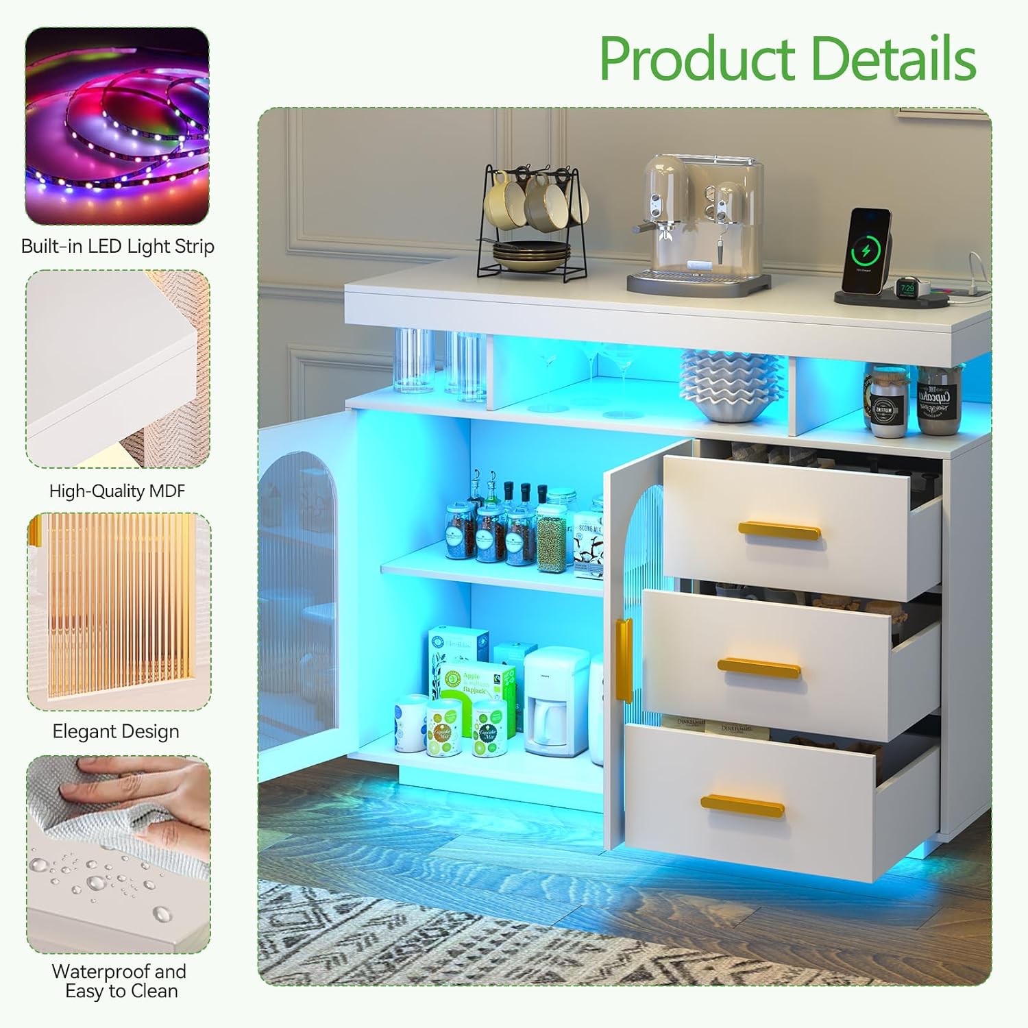 WOOVIVS LED Sideboard Buffet Cabinet with Charging Station, Wine Cabinets with Auto RGB Lighted, Modern Coffee Bar with 3 Drawers for Living Room, Dining Room, Kitchen (White)