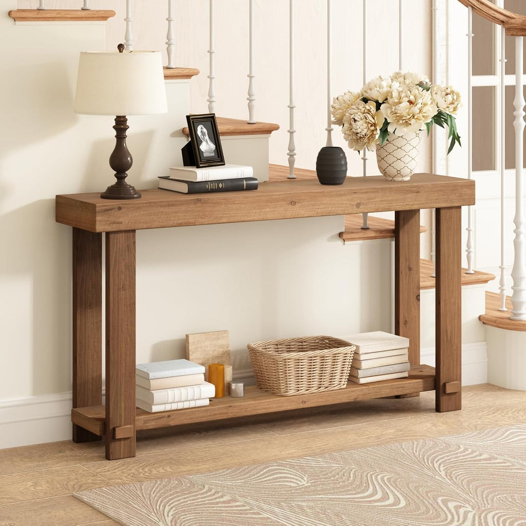 Solid Wood Console Table, 55.1" Long Farmhouse Entryway Tables Thickened Tabletop and Legs Rustic Narrow Behind Couch Skinny Sofa Table for Living Room, Hallway, Entry