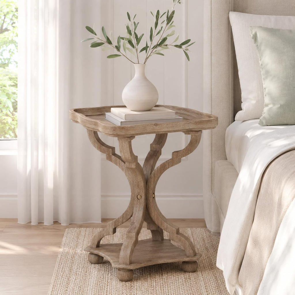 French Country Accent Table, Farmhouse Side Table (Natural B) | 19 Inch Fir Wood Piece with Lipped Rectangular Top, Hourglass Base for Living Room and Bedroom