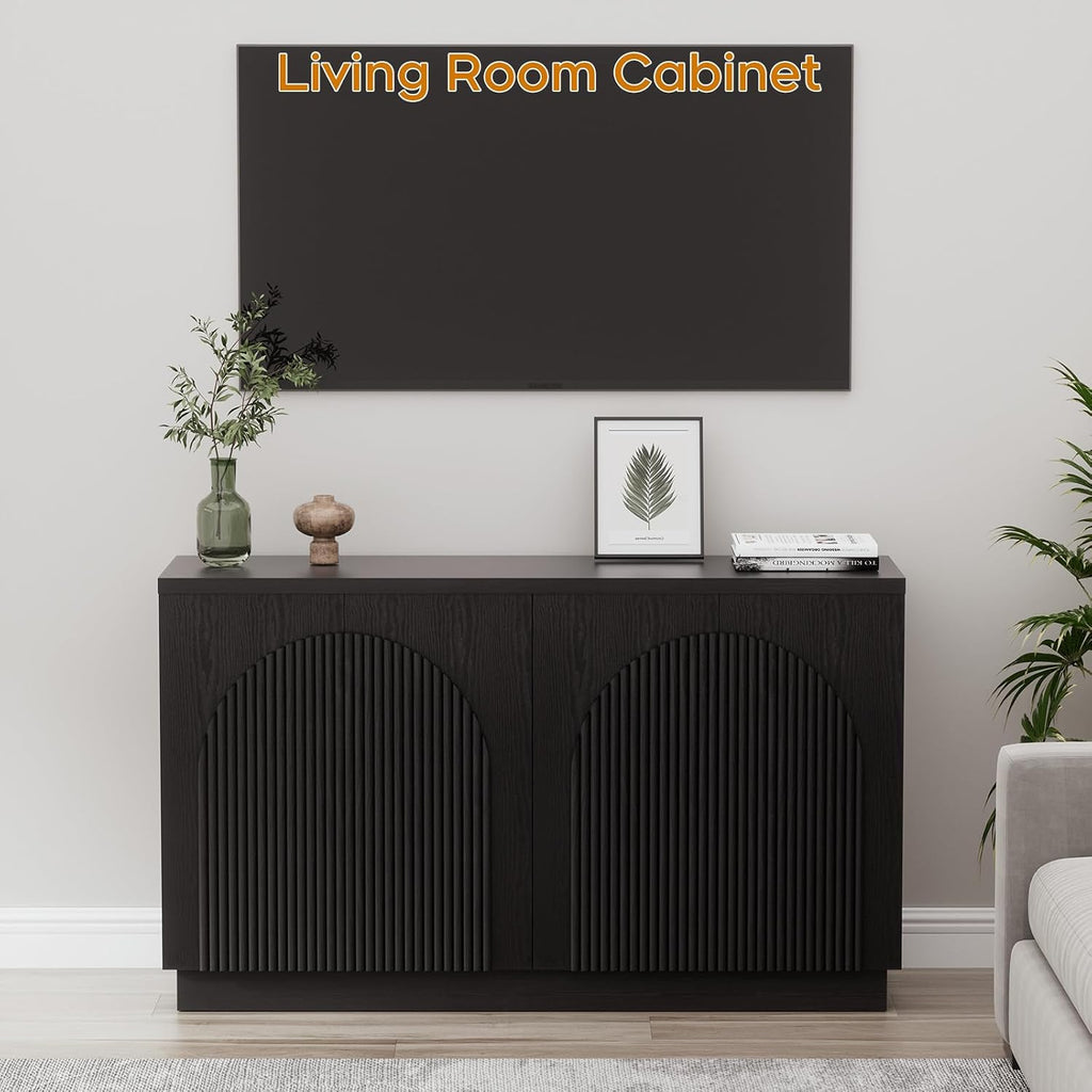Yechen 55" Black Fluted Sideboard Buffet Cabinet with Arched Reeded Doors, Modern Mid Century Credenza Accent Storage Cabinet with Adjustable Shelves for Living, Kitchen, Entryway
