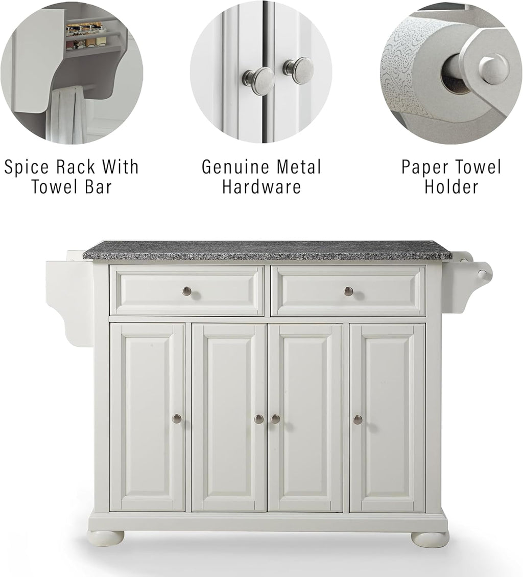 Crosley Furniture Alexandria Granite Top Rolling Kitchen Island Storage Cart, Microwave Stand, Spice Rack, White
