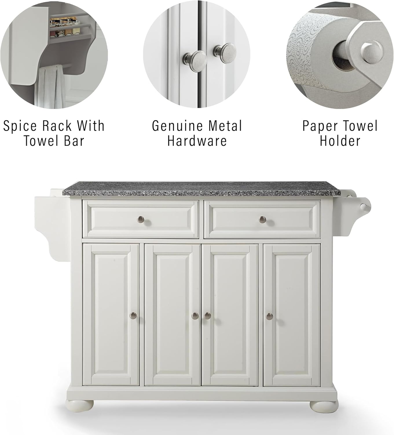 Crosley Furniture Alexandria Granite Top Rolling Kitchen Island Storage Cart, Microwave Stand, Spice Rack, White