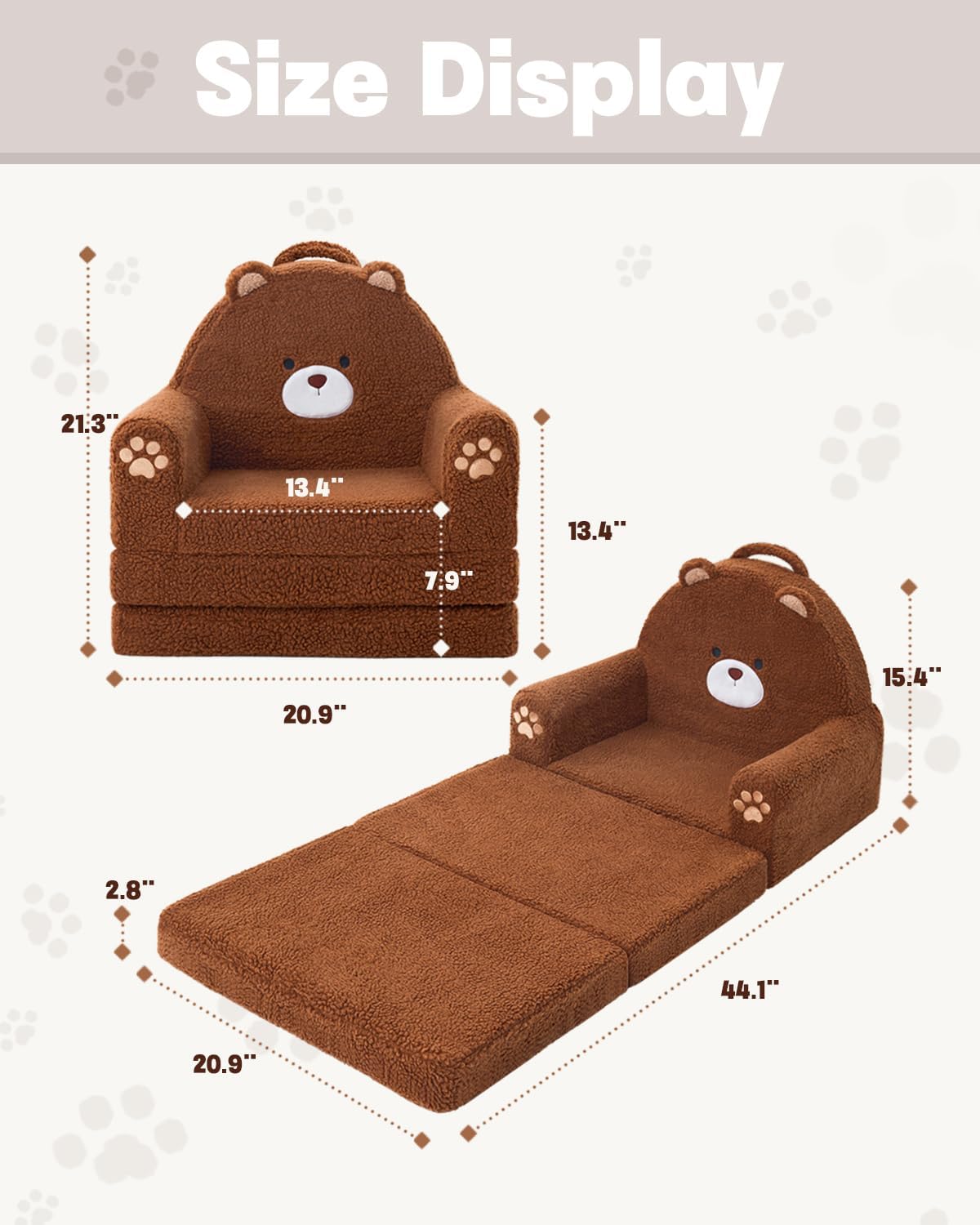 MOONBEEKI 2-in-1 Foldable Toddler Couch, Soft Sherpa Fabric with Washable Cover, Convertible Sofa to Lounger, Kids Sofa for Playroom, Bedroom, Living Room, Birthday Gift, Bear, Medium