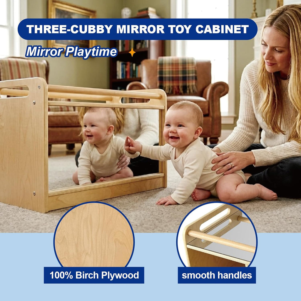 Montessori Shelf with Activity Top and Mirror, Birch Plywood Toy Storage Cabinet, Wooden Toddler Tummy Time Furniture for Home, Daycare Cubbies, Preschool, Playroom, Nursery, Kindergarten