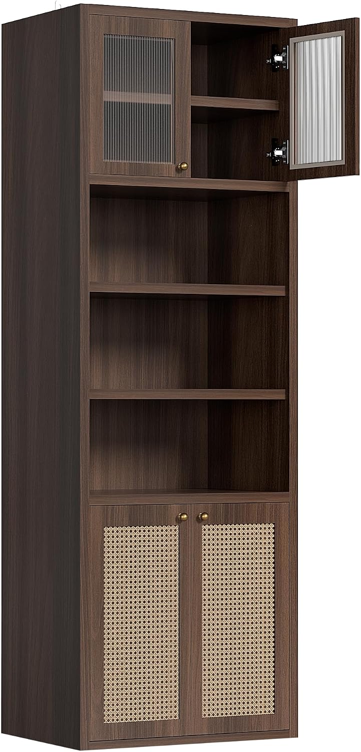 71.3''Tall Kitchen Pantry Cabinet with Oversized Open Shelf & Coffee Station,Tall Extra Deep Enclosed Storage, Fluted Rattan Doors,Adjustable Shelves, Anti-Tip, for Multi-Room Use,Brown