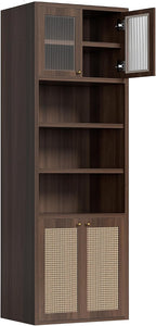 71.3''Tall Kitchen Pantry Cabinet with Oversized Open Shelf & Coffee Station,Tall Extra Deep Enclosed Storage, Fluted Rattan Doors,Adjustable Shelves, Anti-Tip, for Multi-Room Use,Brown