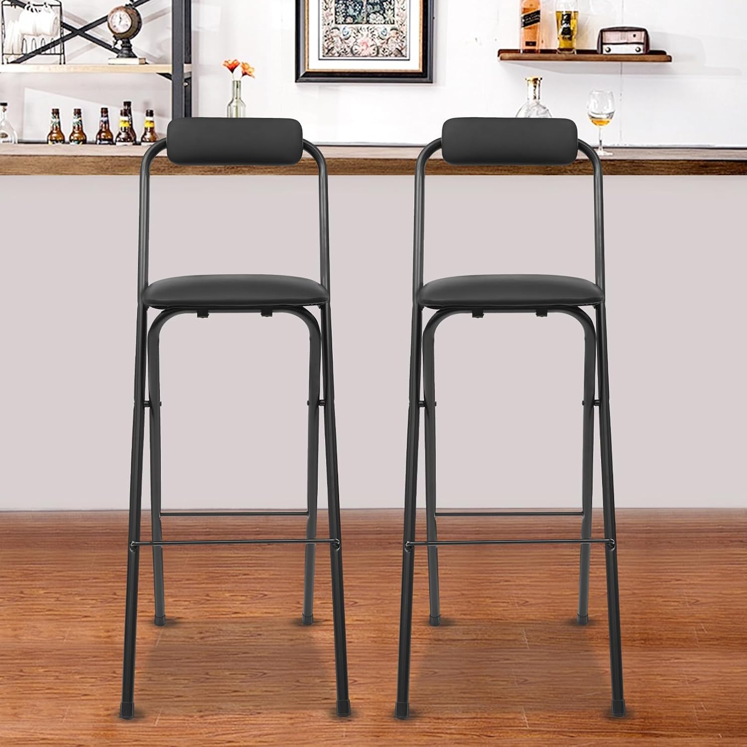 2 Pcs Folding Bar Stool with Backrest 29.5 Inch Tall Foldable Stool Chair Portable Folding Bar Chair for Kitchen Cafe Dining Room (Black)