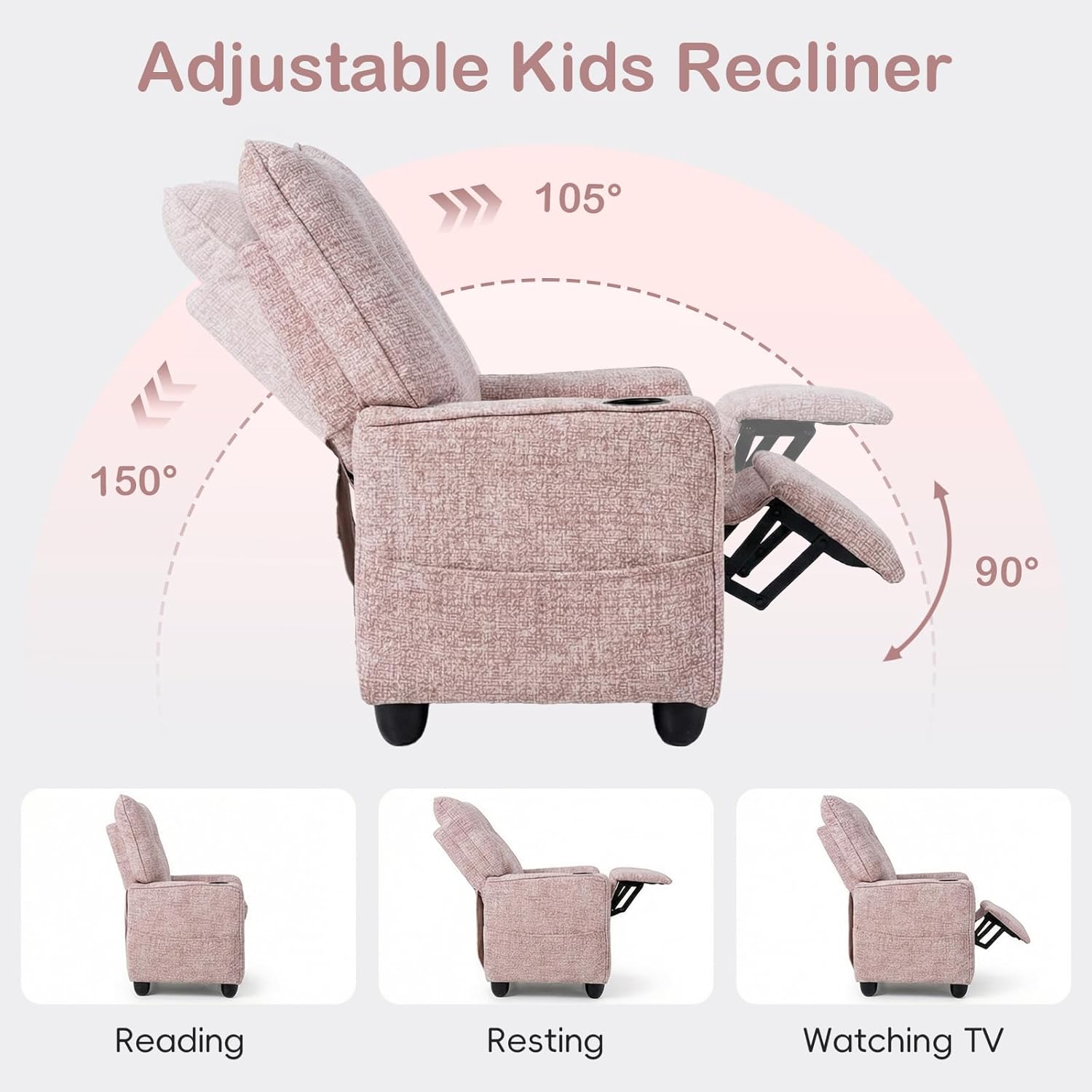 INFANS Kids Recliner, Toddler Lounge Chair with Adjustable Backrest Footrest Side Pockets Cup Holder 90 lbs Load, Velvet Fabric Toddler Couch