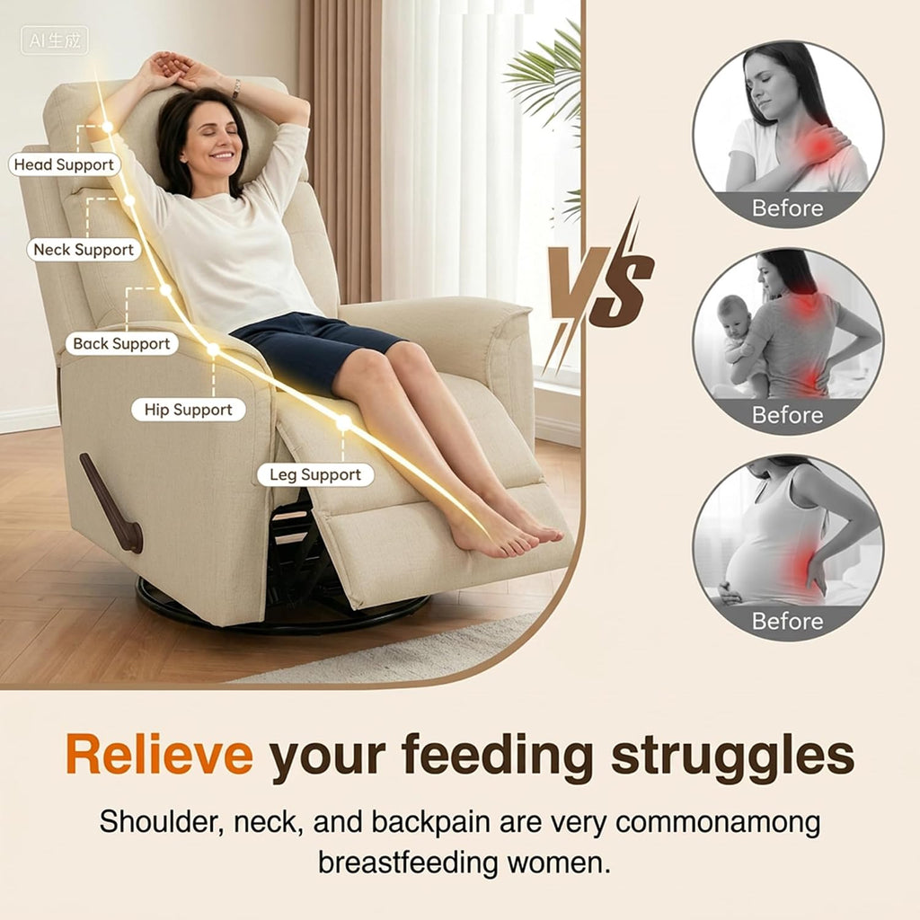 360° Swivel Glider Rocker Recliner Chair, Manual Reclining Sofa for Adults, Nursery Rocking Chiar for Nursery Room, Living Room and Bedroom, Small Recliners for Small Spaces,Beige