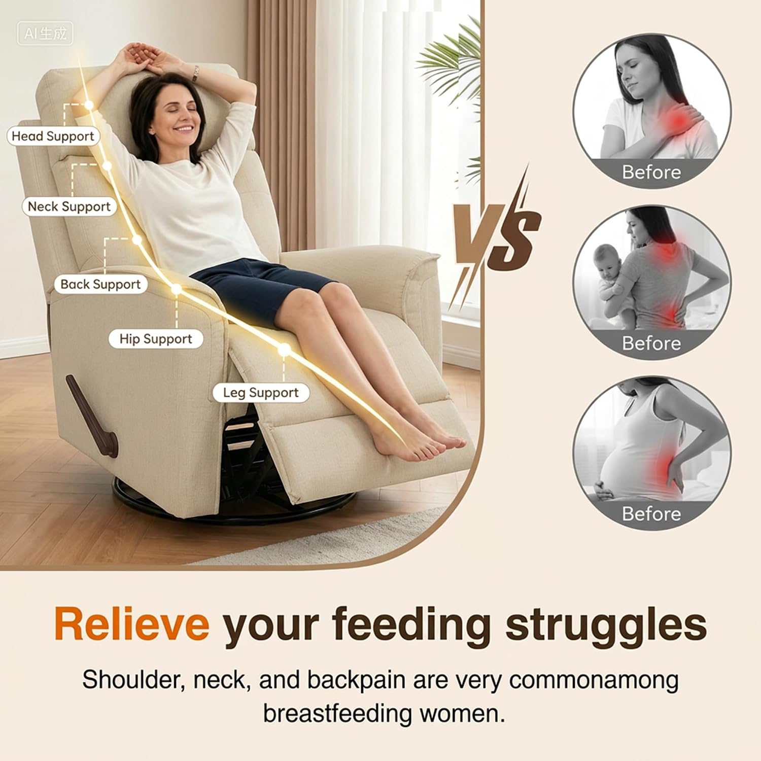 360° Swivel Glider Rocker Recliner Chair, Manual Reclining Sofa for Adults, Nursery Rocking Chiar for Nursery Room, Living Room and Bedroom, Small Recliners for Small Spaces,Beige