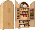 72" Tall Arched Kitchen Pantry, Mid-Century Fluted Wood Storage Cabinet with 4 Doors, 3 Adjustable Shelves, 8 Door Shelves, 1 Hidden Drawers, Versatile Cupboard for Living Room, Dining Room, Natural