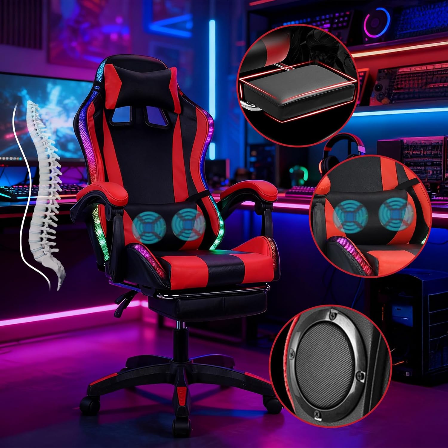 Gaming Chair, Video Game Chair with LED Light, Ergonomic Massage Computer Chairs Height Adjustable with 360° Swivel Seat and Headrest(US Fast Arrival) Black & Red