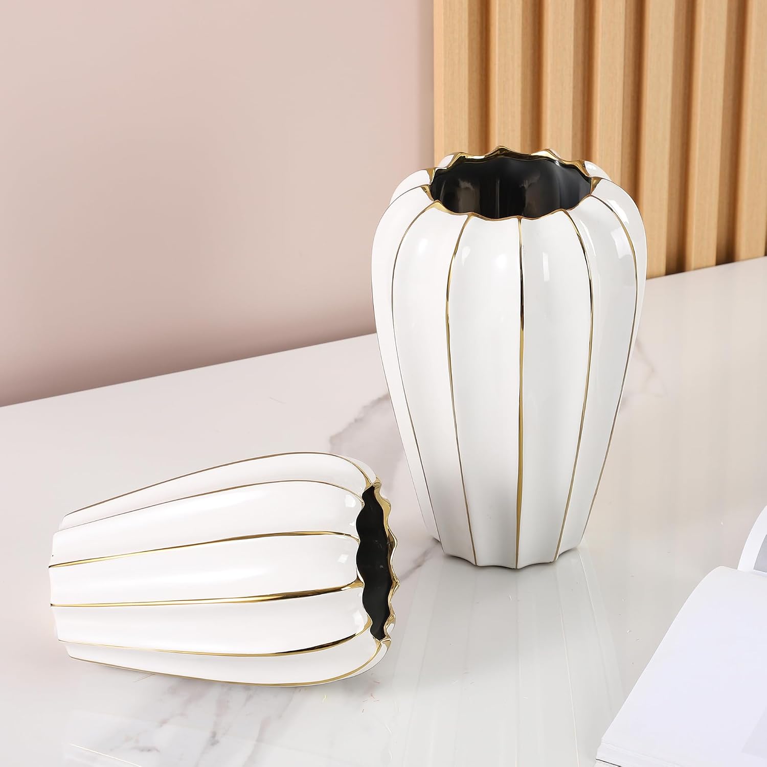 White Gold Ceramic Vase - Small Round Decorative Vase for Table Centerpieces, Wedding Decor, and Home (7.48 Inches Tall)