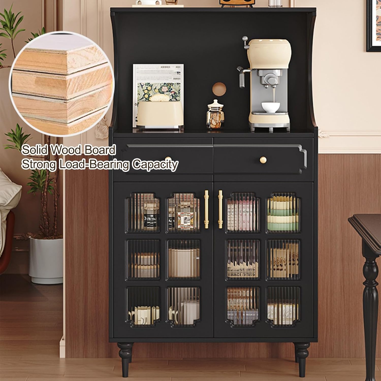 Kitchen Pantry Cabinet, Tall Storage Cabinet, Arched Bookshelf Bookcase, Coffee Bar Workstation, Tall Food Pantry Funiture for Living Room,Dining Room(Black,135x80cm/53.1x31.5in)