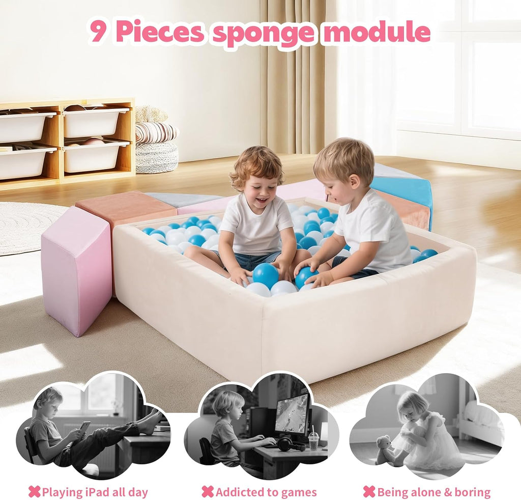 Modular Kids Play Couch Tangram Puzzles Kids Couch with Ball Pit (Balls not Included) Colorful Educational Building Blocks DIY Creativing Soft Play Activity Playset for Playroom Bedroom (Pink)