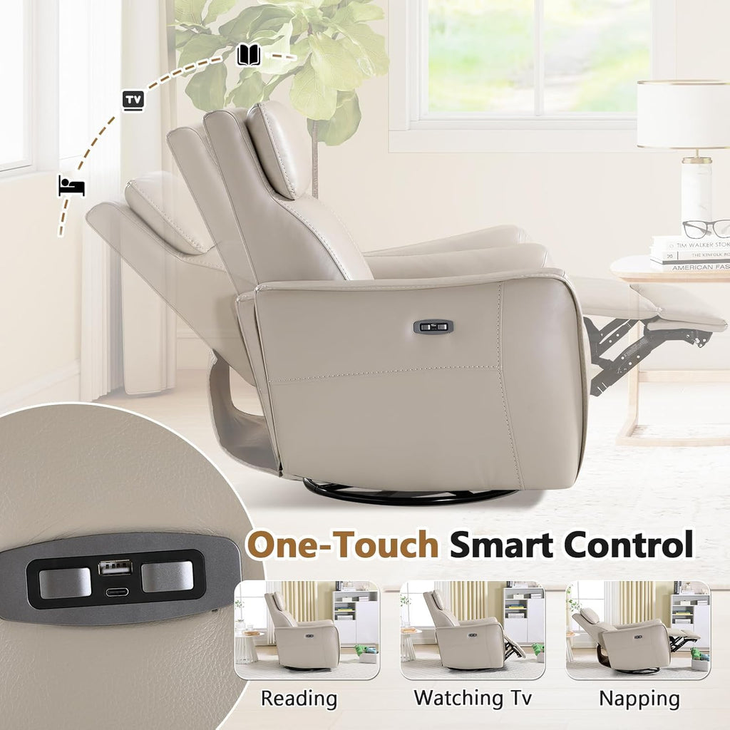 HAOMARKETS Electric Swivel Rocker Recliner Chair Set of 2, Power Faux Leather Glider Rocking Recliners for Adults,360° Swivel Nursery Reclining Sofa with USB Charging Port, Beige