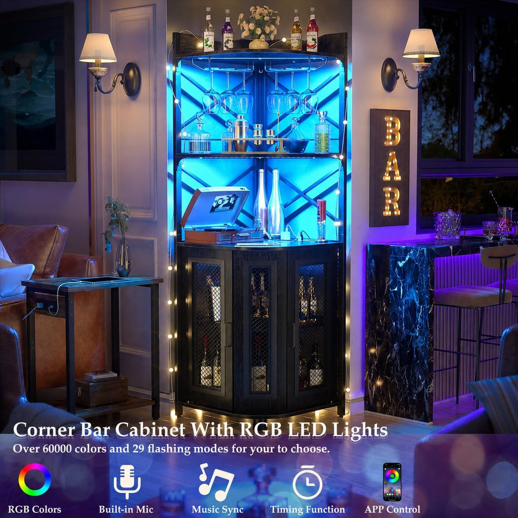 Aheaplus Corner Bar Cabinet with Power Outlet, Industrial Wine Cabinet with LED Strip and Glass Holder, 5-Tiers Liquor Cabinets Bar Unit for Home, Corner Display Cabinets for Small Space, Black