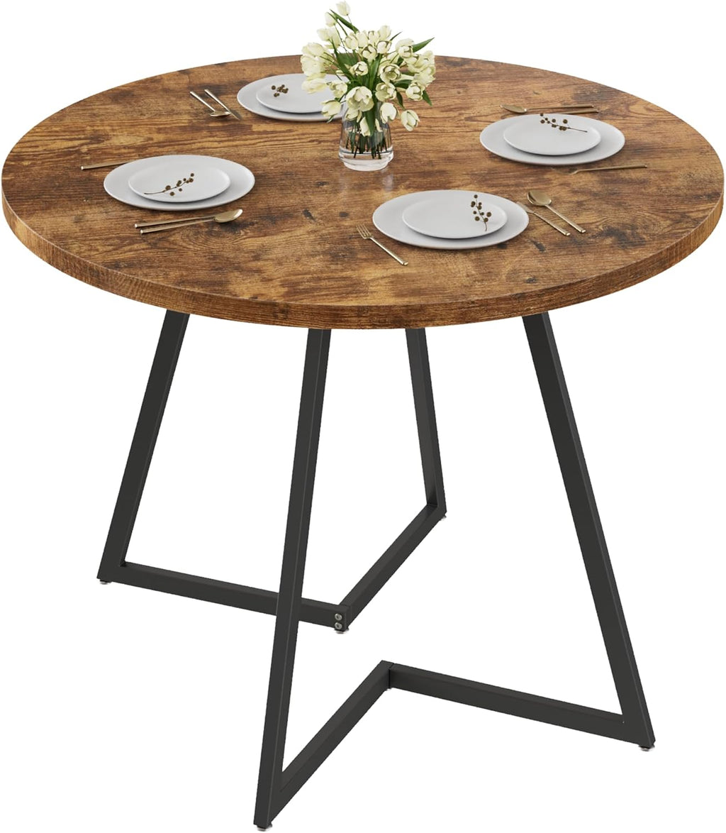 VECELO 35" Round Dining Table for 4, Wood-Grain Tabletop & Heavy-Duty Steel Frame, for Kitchen, Living Room, Easy Assembly, Antique Brown