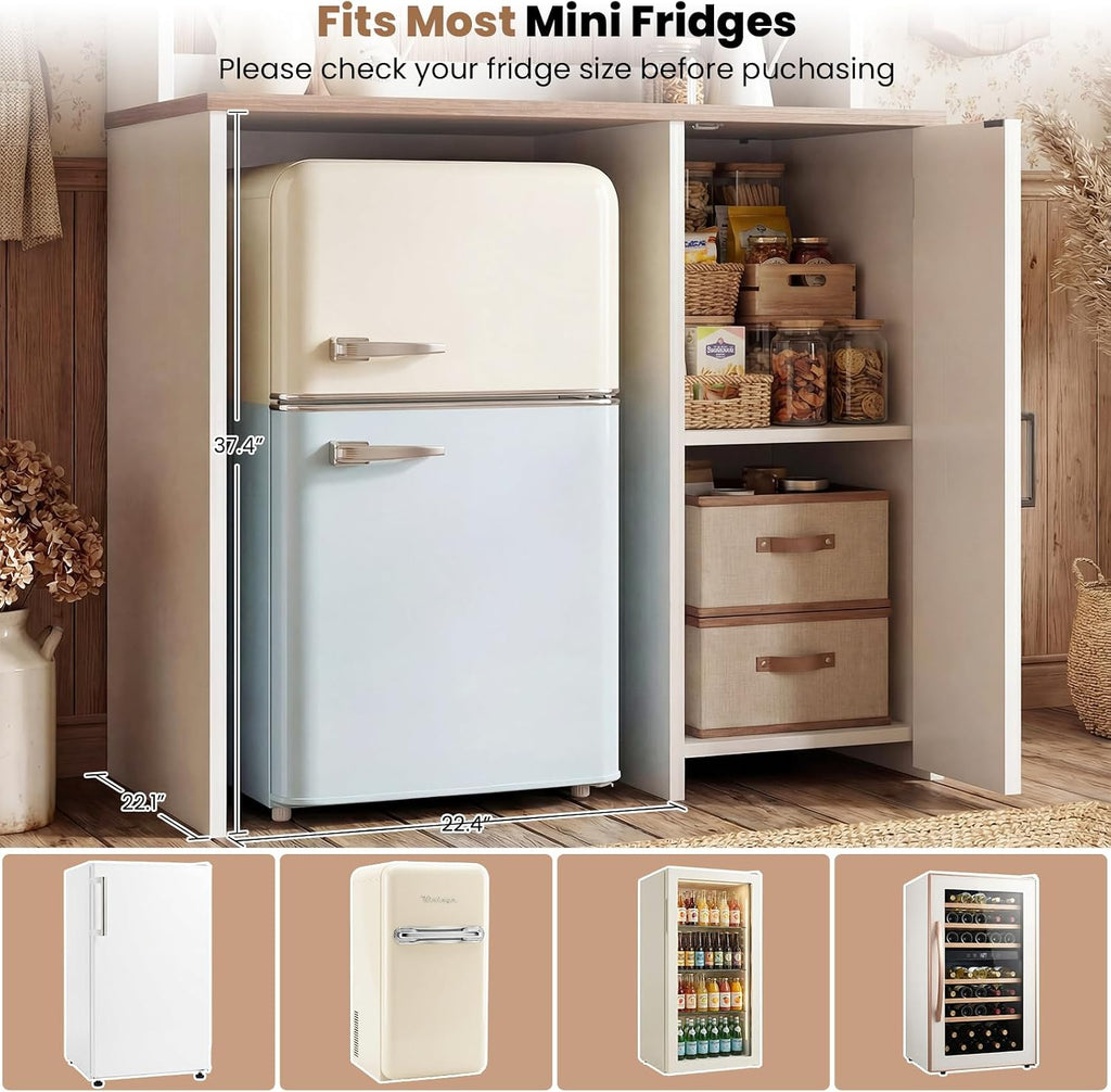 Unikito Mini Fridge Cabinet with Storage, Coffee Bar Cabinet with Outlet & Led Light, Liquor Wine Bar Stand with Mini Fridge Space & Microwave Shelf, Beverage Station for Kitchen Dorm Office, White