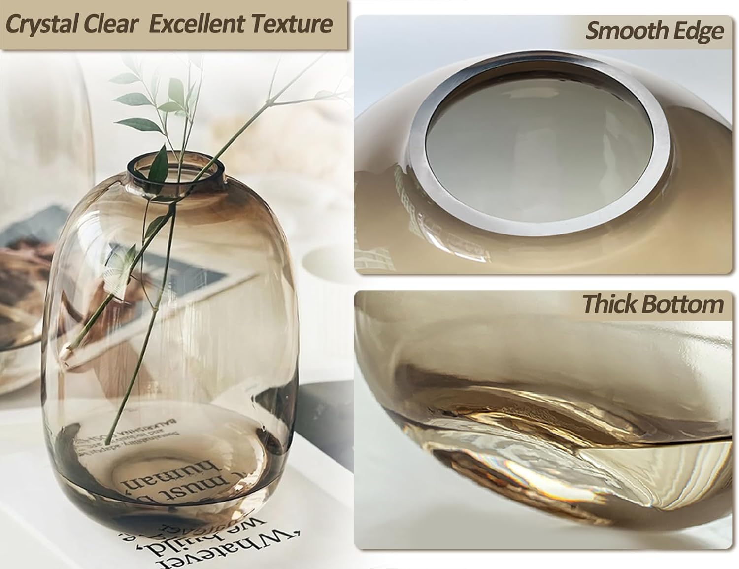 GeLive Brown Glass Vase Round Clear Colored Flower Vase for Centerpiece Long Stem Branch Fresh Artificial Plant Bottle Modern Home Indoor Decoration (Brown)