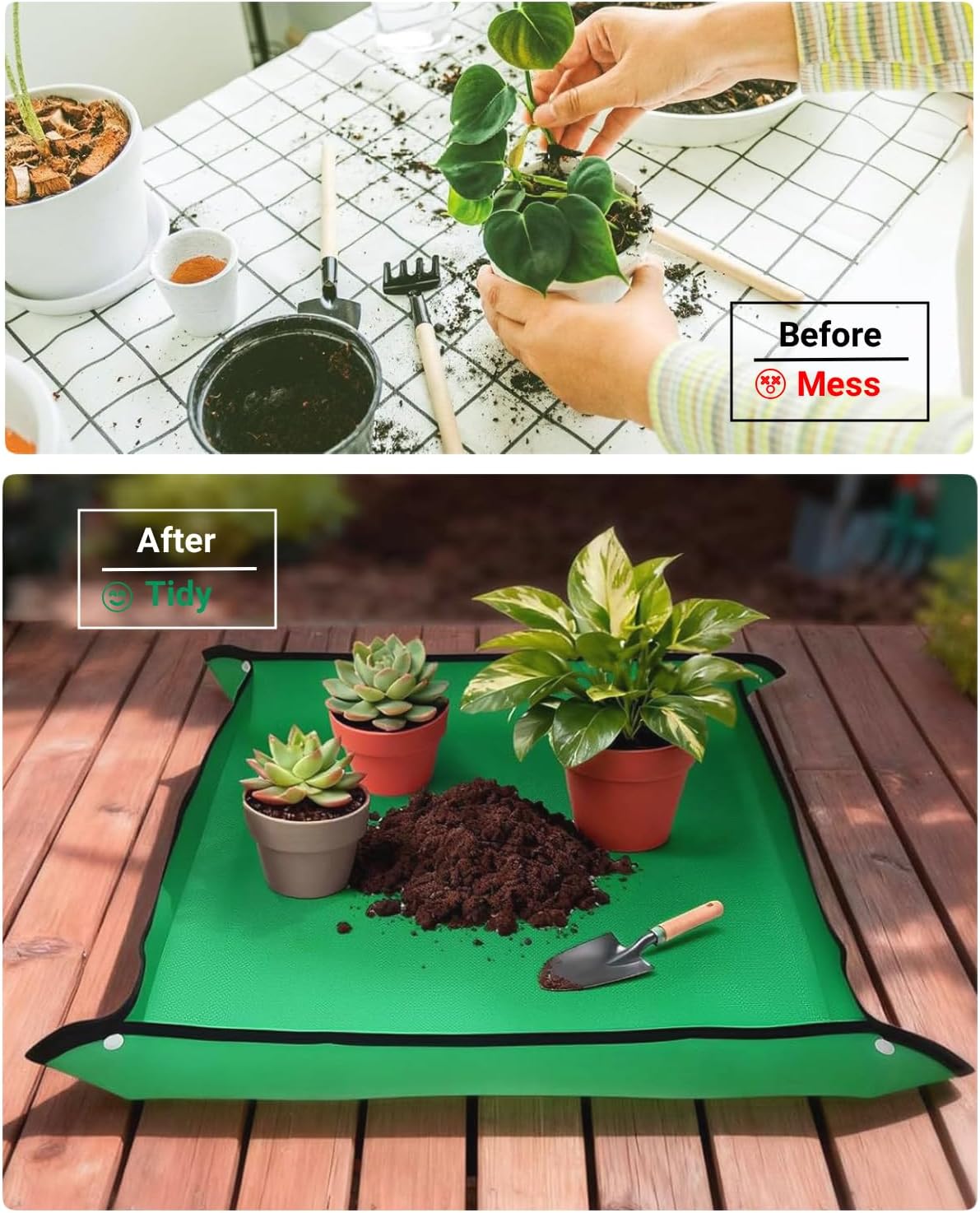 Plant Repotting Mat, Waterproof Gardening Mat for Indoor Plants, Thickened PE Potting Mat with Copper Buckles for Mess Control, Foldable Succulent Transplanting Mat, Green (29.5"*39.4")