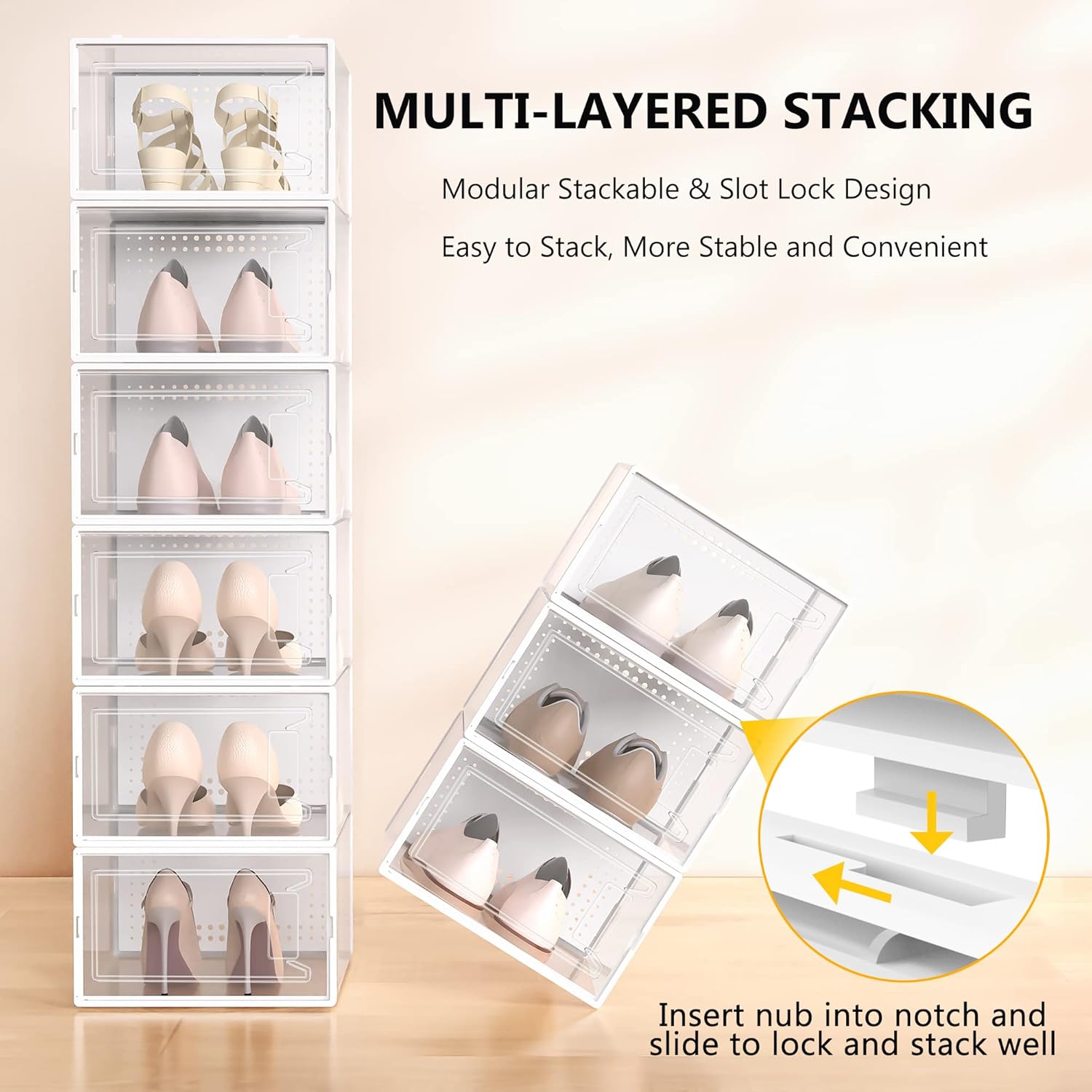 Snaxo 12 Pack Large Clear Shoe Storage Boxes, Stackable Modular Plastic Shoe Organizer Front-Opening Door, Ventilated Dust-Proof Sneaker Display Cases Closet and Entryway, White