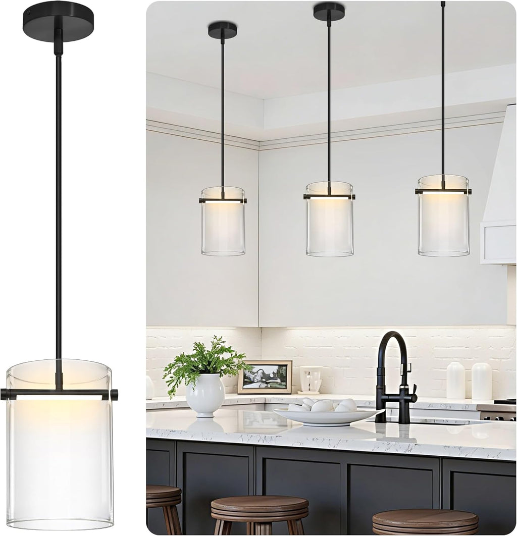 Biewalk Black Pendant Lights Kitchen Island with 10.2" Clear Glass Shade, Adjustable Modern Pendant Lighting Over Sink with LED, Minimalist Hanging Light Fixture for Dining Room Kitchen Bedroom