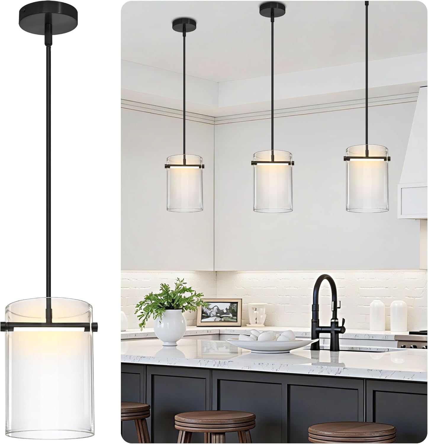 Biewalk Black Pendant Lights Kitchen Island with 10.2" Clear Glass Shade, Adjustable Modern Pendant Lighting Over Sink with LED, Minimalist Hanging Light Fixture for Dining Room Kitchen Bedroom