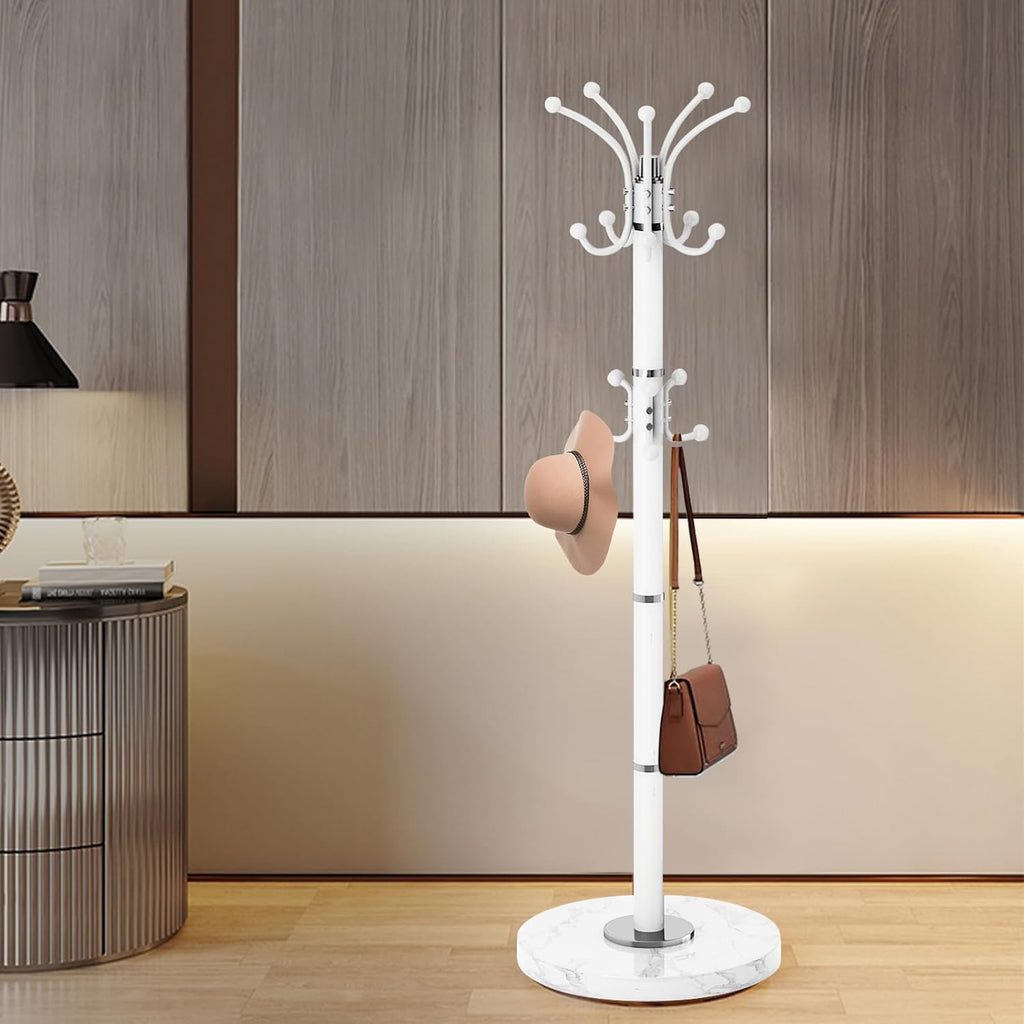 Coat Rack Stand 360°Rotary Coat Rack Freestanding with 16 Hooks | Modern Metal Coat Rack with Natural Marble Base,Coat Hanger Stand, White Coat Hall Clothes Tree for Hallway,Entryway,Office