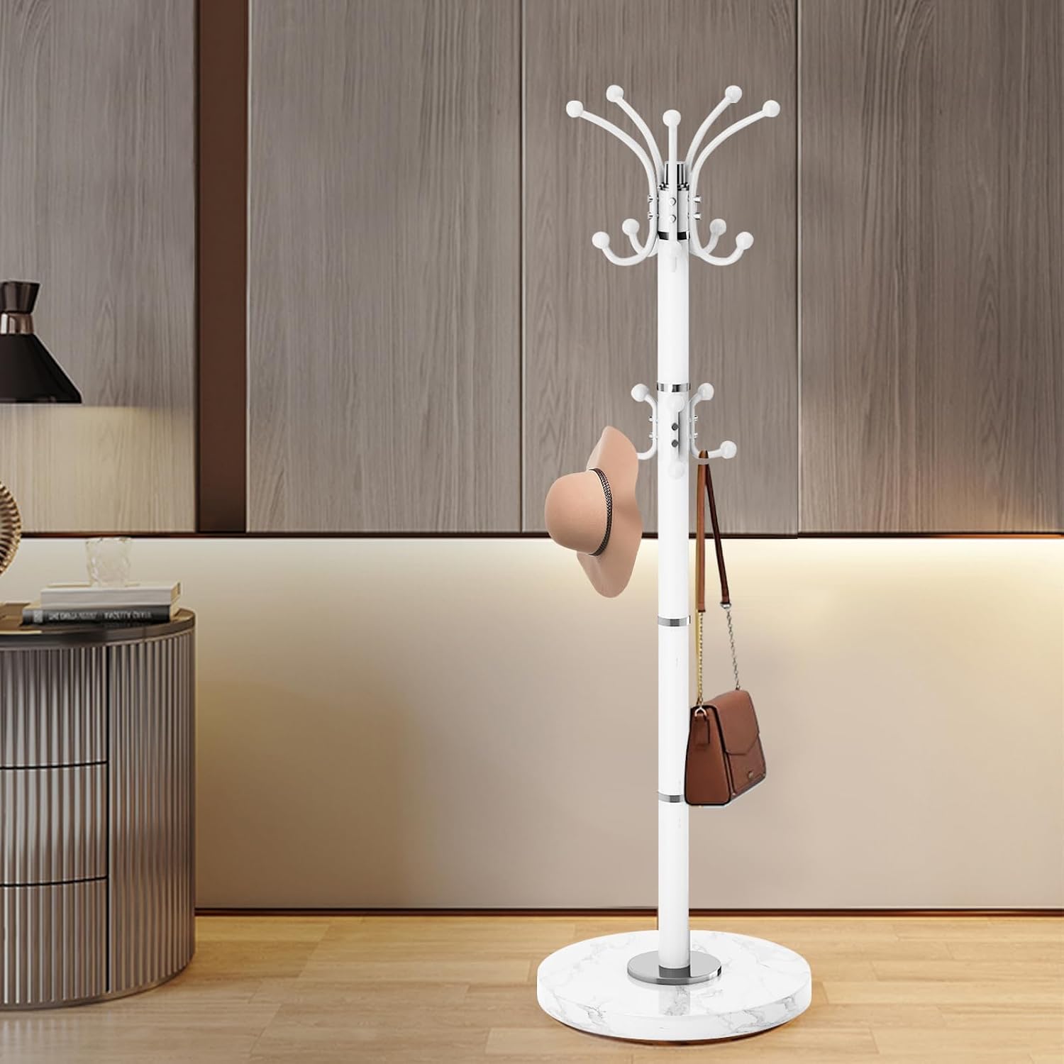 Coat Rack Stand 360°Rotary Coat Rack Freestanding with 16 Hooks | Modern Metal Coat Rack with Natural Marble Base,Coat Hanger Stand, White Coat Hall Clothes Tree for Hallway,Entryway,Office