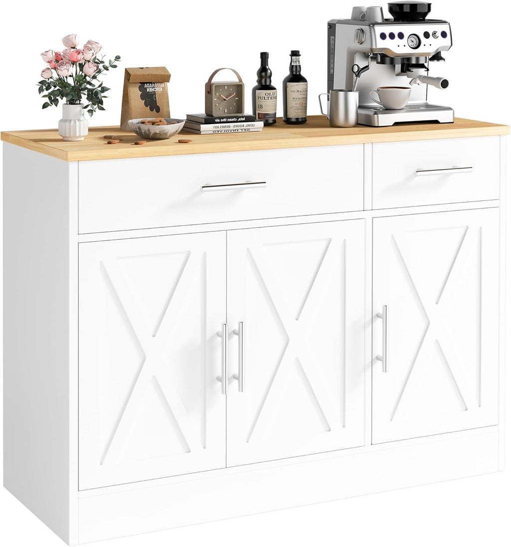 Vongrasig Buffet Cabinet with Storage, 43” Farmhouse Coffee Bar Cabinet with 3 Doors, Wood Buffet Table for Kitchen Dining Room Living Room, Off White