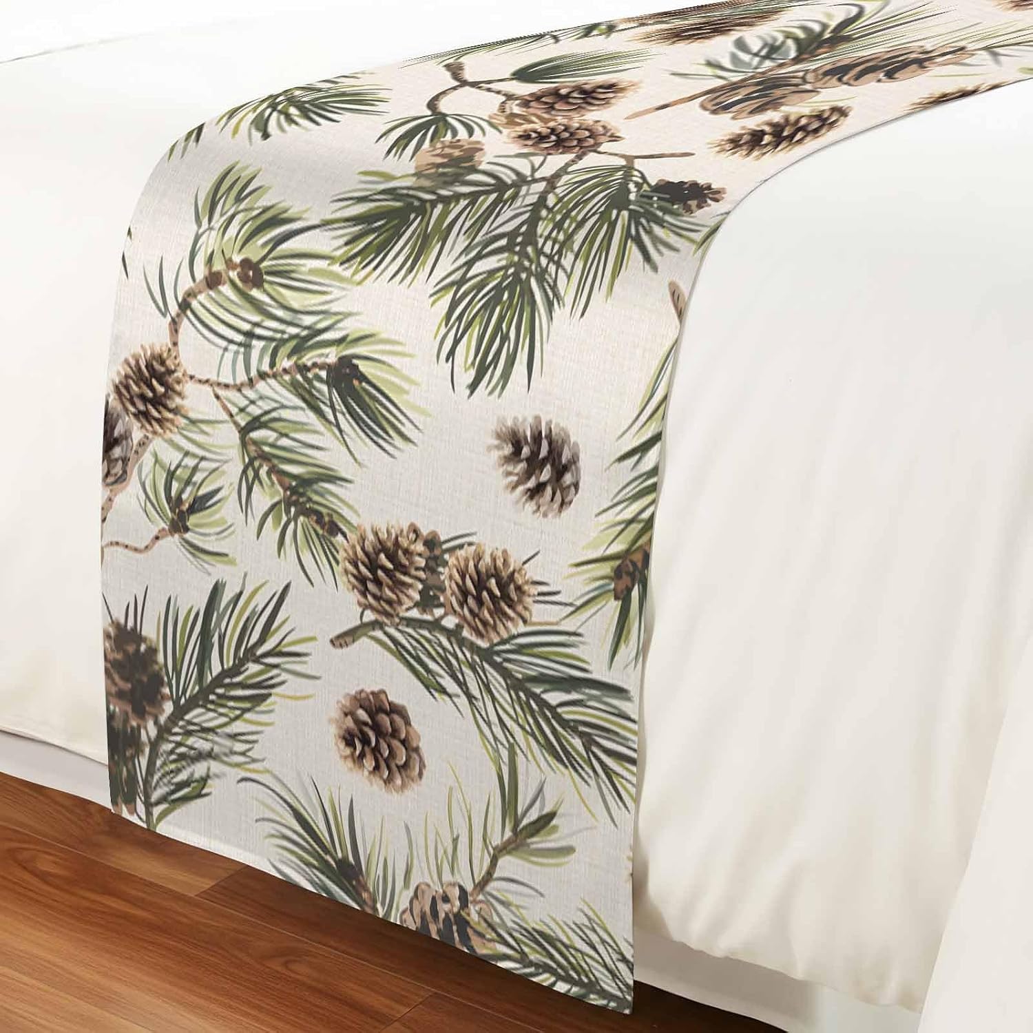 Yukro Brown Pine Cones Bed Runner Scarf, Green Leaves Branch Vintage Linen Twin Bed Scarf Runner, No Fading Decorative Bedding Scarf for Bedroom Hotels Homes and Guestrooms