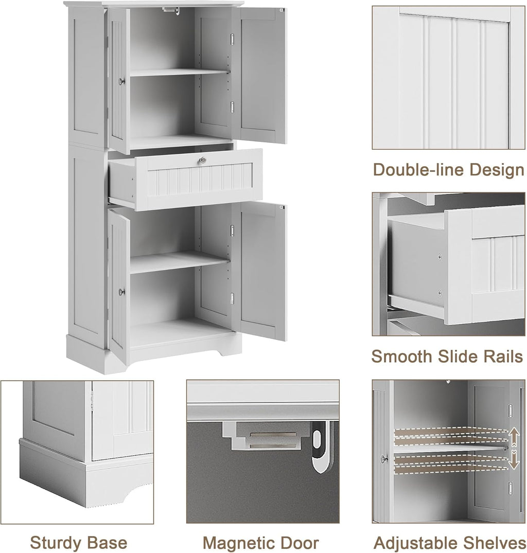 ChooChoo 51" H Tall Bathroom Floor Cabinet, Modern Bathroom Storage Cabinet with Drawer and Adjustable Shelves, Freestanding Kitchen Pantry Cupboard with 4 Doors for Living Room, White