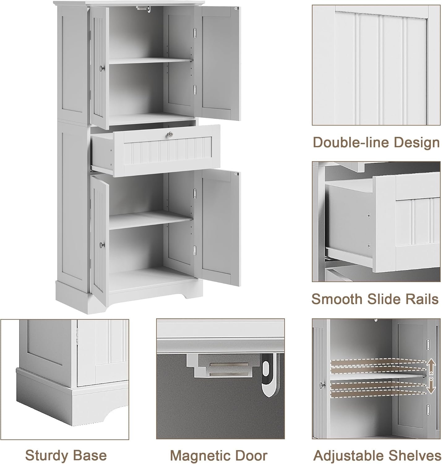 ChooChoo 51" H Tall Bathroom Floor Cabinet, Modern Bathroom Storage Cabinet with Drawer and Adjustable Shelves, Freestanding Kitchen Pantry Cupboard with 4 Doors for Living Room, White