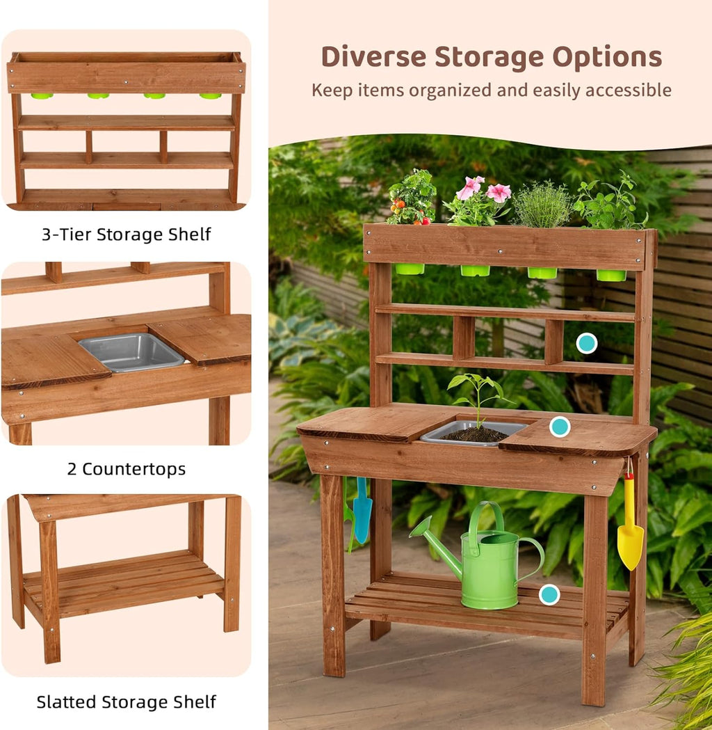 OOOK Potting Bench with Removable Sink, Potting Benches for Outside, Mud Kitchen for Kids Outdoor with Gardening Tools, Watering Can, Flower Pot, Ideal Gift for Boys and Girls 3+, Solid Fir Wood