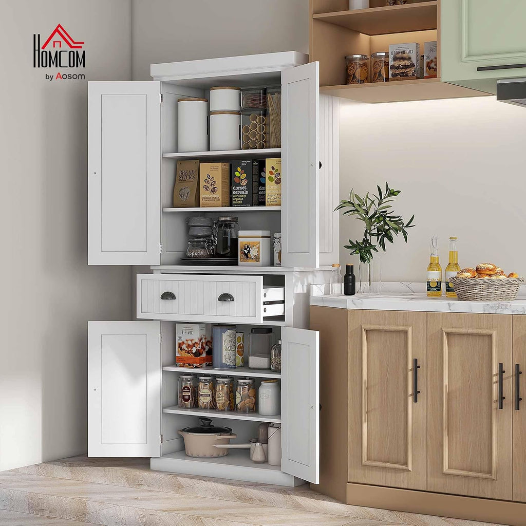 HOMCOM 72" Kitchen Pantry Cabinet, Freestanding Tall Storage Cabinet, Traditional Kitchen Cabinet with 4 Doors, Drawer and 3 Adjustable Shelves for Dining Room, White