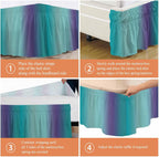 Teal Purple Ombre Bed Skirt King Size 18 Inch Drop, Wrap Around Bed Skirts, Modern Art Abstract Aesthetics Elastic Bedskirt Pleated Bed Frame Cover Luxurious Dust Ruffle for King Bed